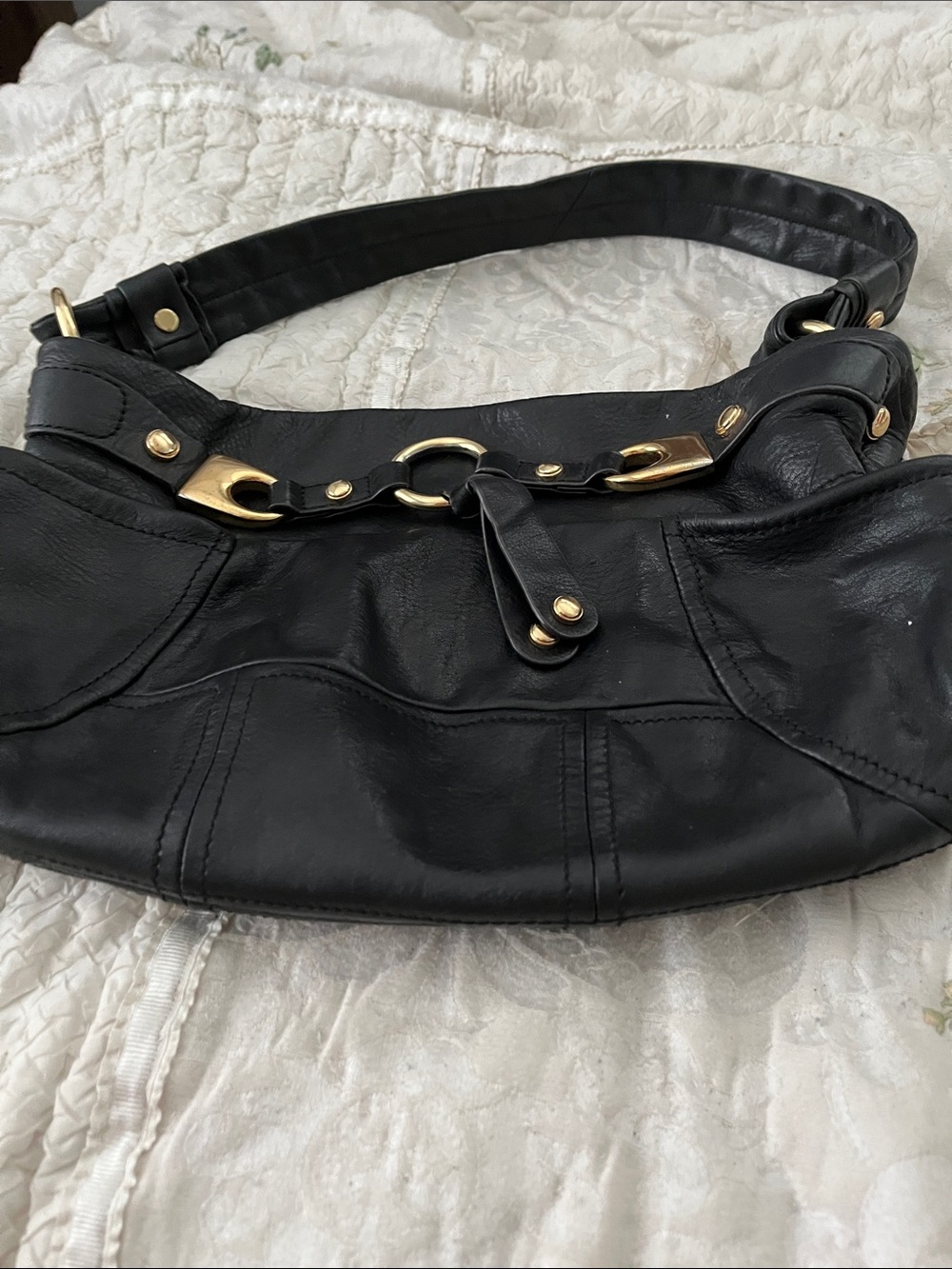 b. makowsky Black Leather Shoulder Bag with Gold Hardware Accents